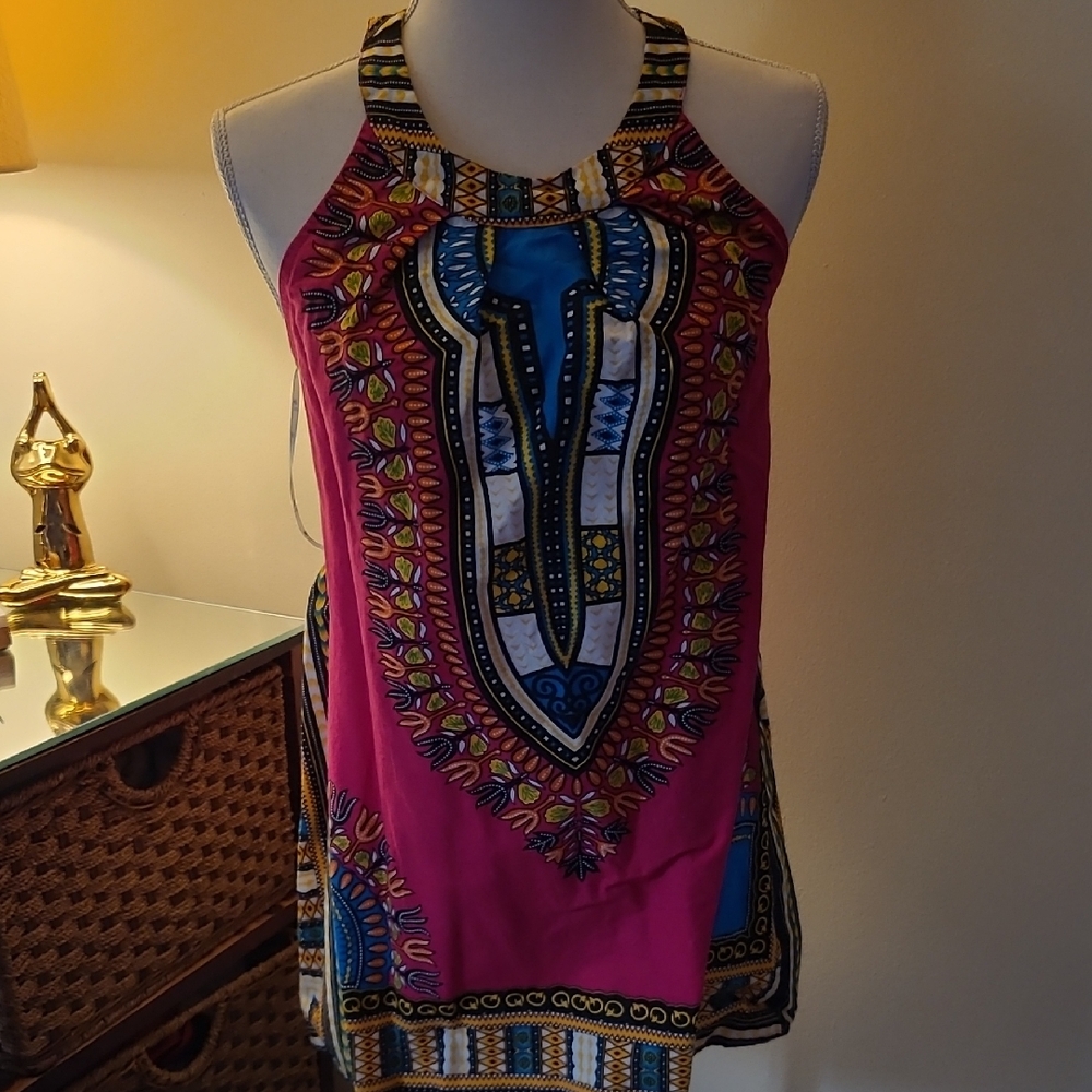 Vibrant Pink and Blue Tribal Print Halter Top